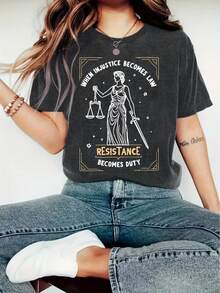 [ T Shirt] Black & Golden  T-Shirt |   Women's "When  Becomes Law Resistance Becomes Duty" Lady Justice Graphic Print, Casual Round Neck Tee, Medium Stretch Spring Summer Top, Affordable Women's Rights Apparel - 深灰色 - 查看 1