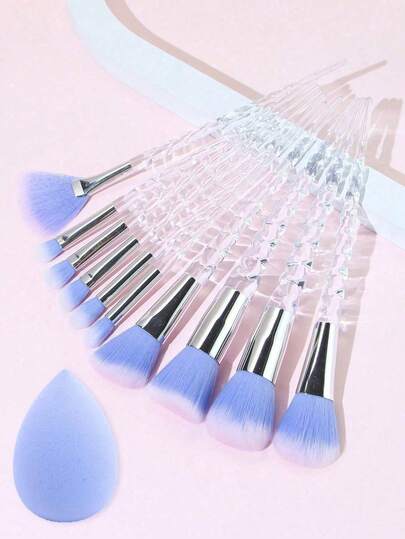 YISE 10 Pcs Professional Crystal Makeup Brush Set + 1 Blue Makeup Sponge, Suitable For Powder, Blush, Eyeshadow, Concealer, Highlighter, And Contouring - Pink Cosmetic Tools For A Flawless Finish, Ideal For Beginners, Daily Use, And Travel. Perfect Gift For Women And Girls.