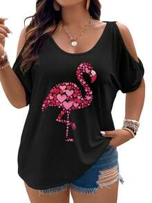 Hearts Forming A Flamingo Silhouette Against A Gradient Background Women Cold Shoulder Tops Summer Short Sleeve Shirt Plus Size - màu đen - Xem 1