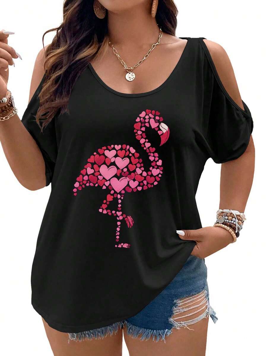 Hearts Forming A Flamingo Silhouette Against A Gradient Background Women Cold Shoulder Tops Summer Short Sleeve Shirt Plus Size - màu đen - Xem 1