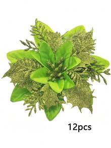 12pcs Christmas Poinsettia Artificial Flowers Decorations 5.5" Christmas Tree Wreaths Garland Decoration Glitter Flowers Picks Decor For Xmas New Year Wedding Party Ornaments - Green - View 11