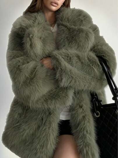 Long Sleeve Furry Green Faux Fur Coat For Women,Open Front Lapel Solid Color Fluffy Jacket,Loose Cropped Casual Fur Top,Elegant Chic Outwear,Fall Winter Clothes For Women Halloween Christmas For Going Out Outfits
