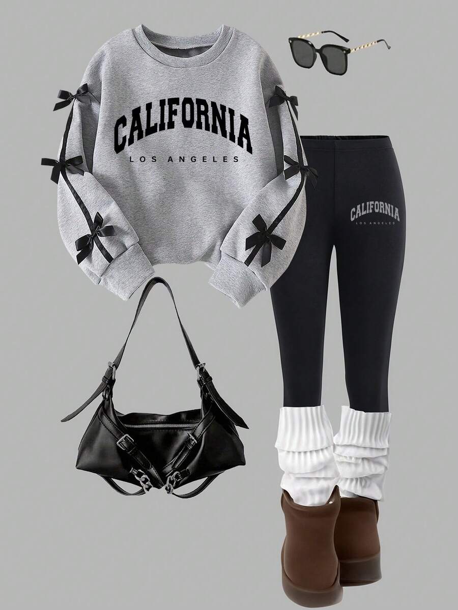 Tween Girl Letter Graphic Print Crew Neck Sweatshirt And Leggings Casual Outfit - 灰色 - 查看 1