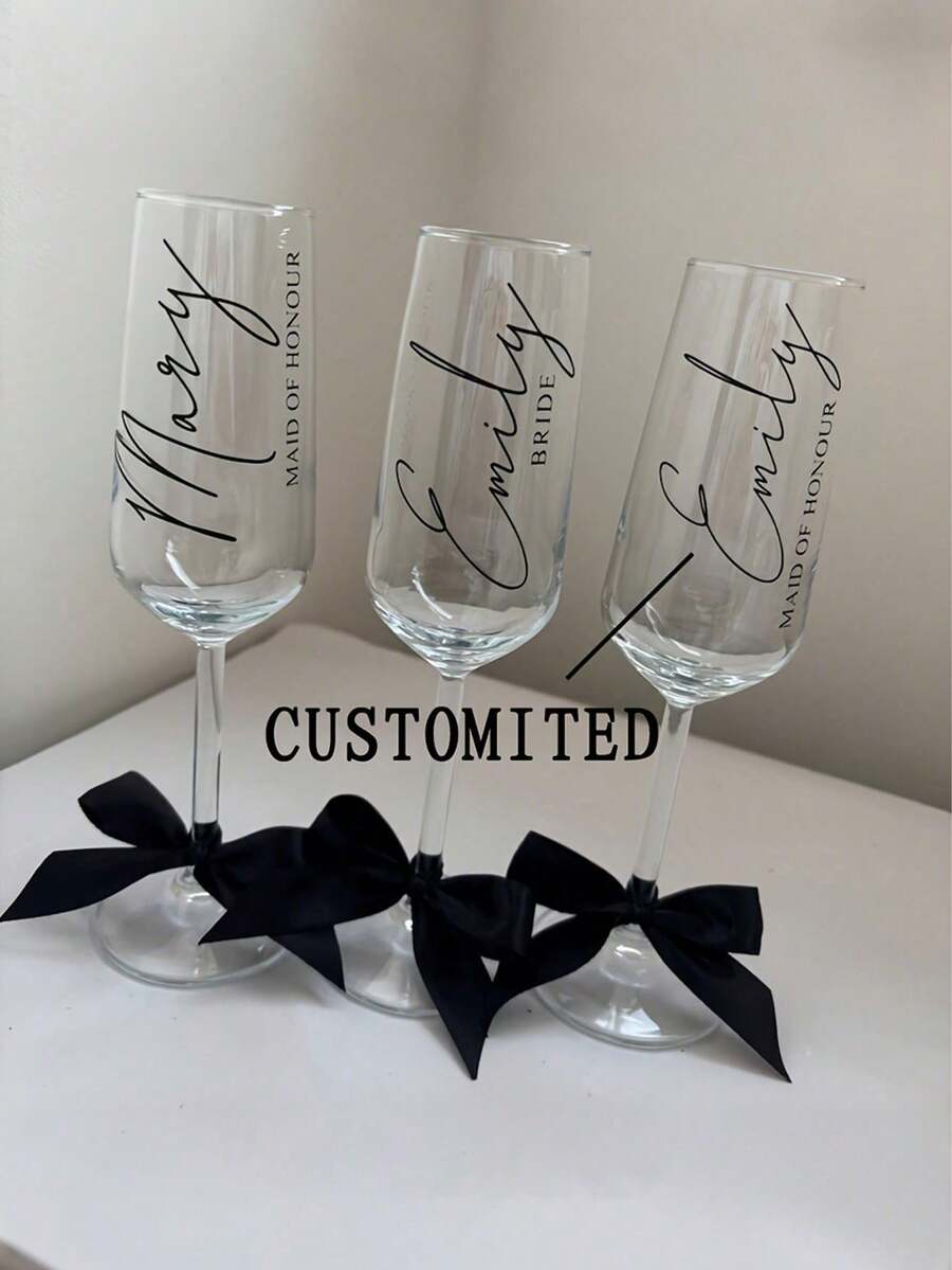 Personalized Champagne Flutes, Customized Champagne Flutes For Bride And Bridesmaids - Reusable, Machine Washable, Customized Champagne Flutes With Bow/Bride Bridesmaid Wine Glasses/Wedding Party Glassware/Champagne Flutes/Champagne Coupes/Bridesmaids/Bride/Maid Of Honor/Mother Of The Bride/Bachelorette Party/Birthday Party - Multicolor - View 1