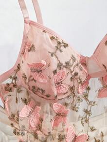 Women Sexy Lingerie Embroidery Butterfly Babydoll Sheer Mesh Nightgown Chemise Boudoir Nighty Sleepwear With Thong - 粉色 - 查看 3