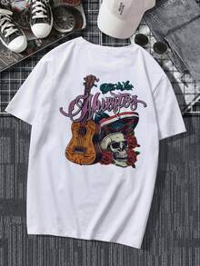 ¡Envío desde México, Playera algodón deportiva casual de hombre,  estampado de Calavera y guitarra del Día de los Muertos , manga corta de corte holgado, bicolor blanco y negro, top casual transpirable de moda, ropa casual Camiseta divertida Moda de verano. - Blanco (parte posterior) - Ver 1