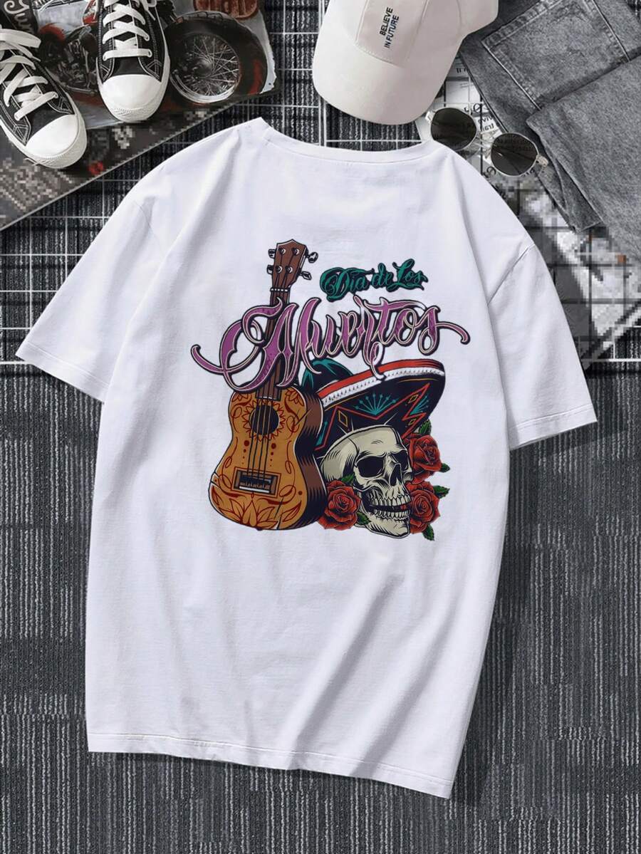 ¡Envío desde México, Playera algodón deportiva casual de hombre, estampado de Calavera y guitarra del Día de los Muertos , manga corta de corte holgado, bicolor blanco y negro, top casual transpirable de moda, ropa casual Camiseta divertida Moda de verano. - Blanco (parte posterior) - Ver 1