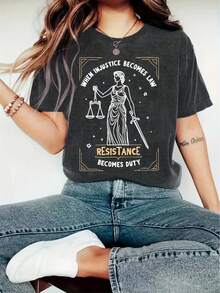 [ T Shirt] Black & Golden  T-Shirt |   Women's "When  Becomes Law Resistance Becomes Duty" Lady Justice Graphic Print, Casual Round Neck Tee, Medium Stretch Spring Summer Top, Affordable Women's Rights Apparel - 深灰色 - 查看 4