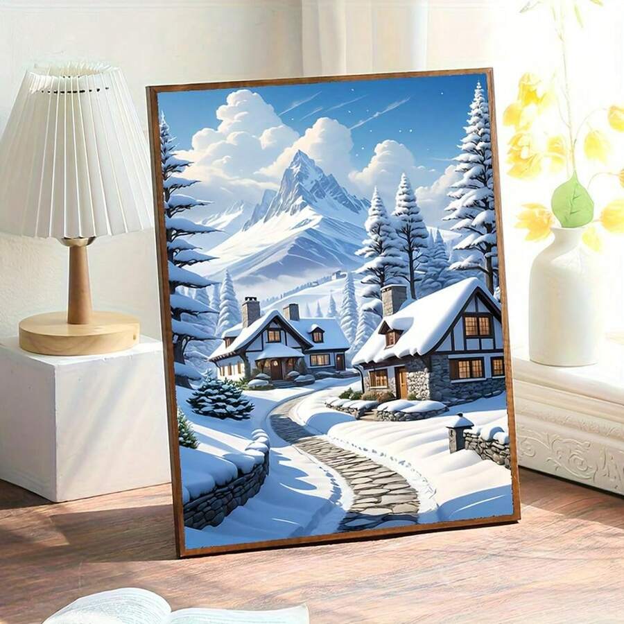 新款冬季雪景、雪山、松树图案 DIY 钻石画艺术套件、钻石画套装及配件、亚克力圆形钻石马赛克艺术、多种尺寸可选 [30x40cm/11.8x15.75in] [40x60cm/15.75x23.64in]，适合母亲节、父亲节、劳动节、圣诞节、万圣节、情人节、节日墙艺 [不含画框] - 彩色 - 查看 1