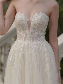 YOUKEFEIER Women's Off Shoulder Sexy Deep V Lace Embroidery With Beads Long Wedding Dress