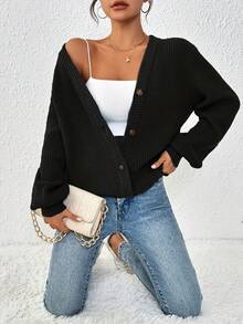 New Elegant Women's Solid-Color Front-Buttoned Knitted Cardigan Jacket For Work, Commuting And Dates - màu đen - Xem 5