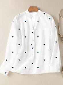 Camisa de mujer de manga larga con botones y bolsillo, con estampado romántico de corazones, para otoño e invierno - Blanco - Ver 8