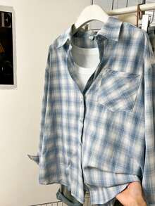 YUXIN Retro Blue Plaid Long Sleeve Chic Loose Fit Shirt For Women, Unique Design, Autumn