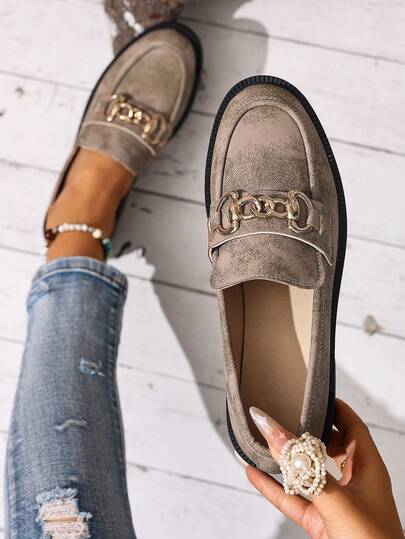 Khaki Leather Loafers For Women, New Spring Autumn All Season Thick Heel Shoes, Slimming Metal Chain Buckle Slip-On Casual Oxfords