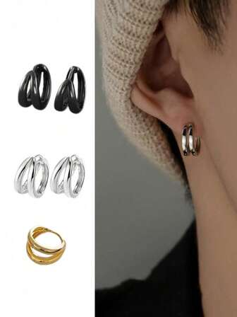 2 st minimalistiska örhängen med dubbla lager, lämpliga för mäns vardags-, festival- och festkläder, perfekt present till män