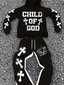 Mens Fashionable And Fashion Street Micro-Flare Pants Set With Bold Color-Blocking And Gothic Cross And Alphabet Prints - Black - View 1