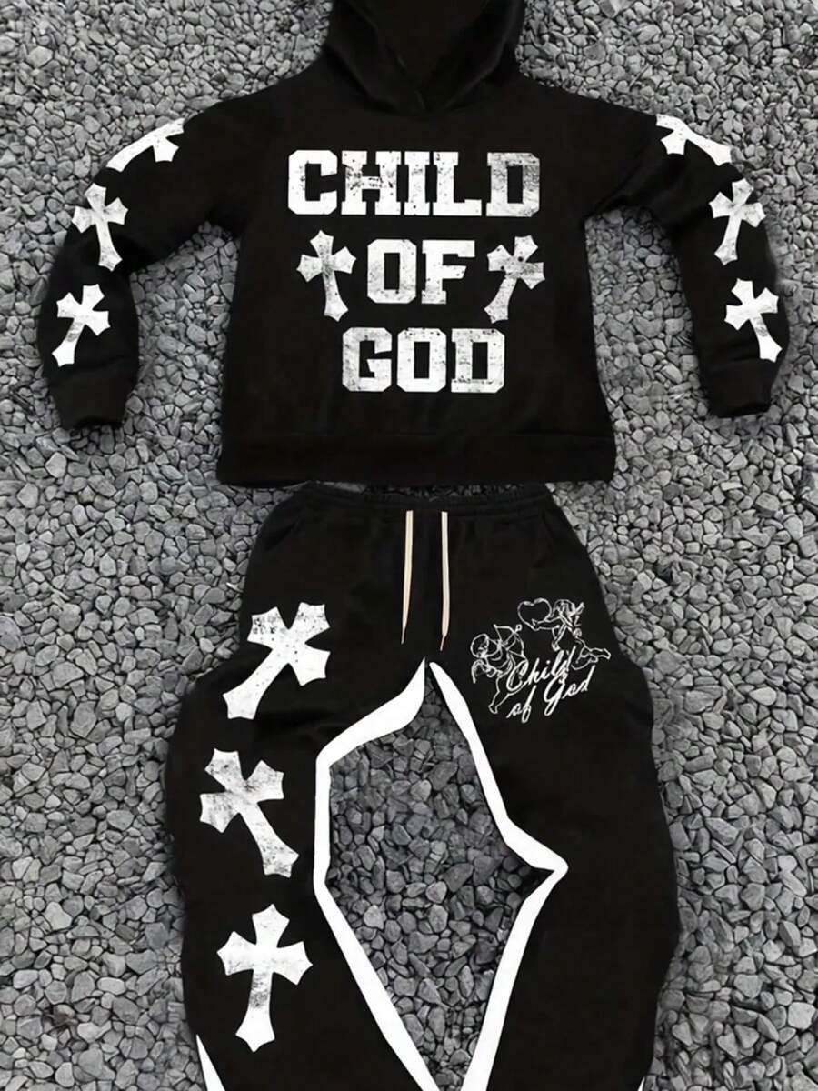 Mens Fashionable And Fashion Street Micro-Flare Pants Set With Bold Color-Blocking And Gothic Cross And Alphabet Prints - Black - View 1