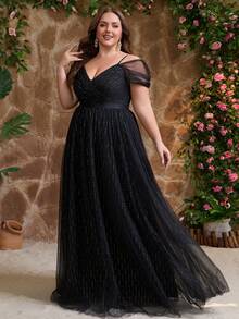 Đầm dạ hội maxi dự tiệc sang trọng, thanh lịch dành cho nữ cỡ lớn, phối sequin và các mảnh vải lưới, khóa kéo chéo, thích hợp cho khách mời đám cưới, mẹ cô dâu, tiệc tối trang trọng, mùa xuân hè thu đông, màu đen. - màu đen - Xem 5