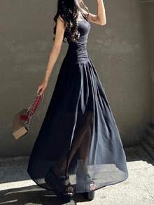 女士优雅细肩带连衣裙，性感褶皱修身纯色梭织面料夏季连衣裙