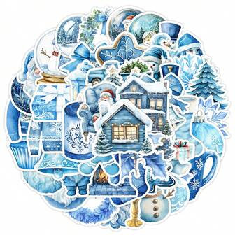 50 st blå julklotterklistermärken, kreativa julklistermärken för vattenflaskor, datorer, dekorationer