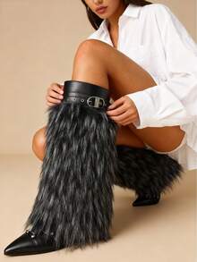 Punk Women Fold Over Boots Stiletto High Heel Rivit Buckle Fur Furry Warmplush Luxury Design Fashion Mid Calf Winter Women Snow Shoes - 黑色 - 查看 2