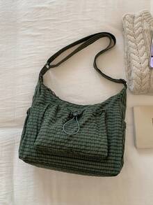 格子女士单肩包，休闲百搭可折叠拉链封口可调节肩带手提包，适合日常使用，学校/大学生，简单可爱的褶皱多口袋抽绳前袋布包 - 彩色 - 查看 15