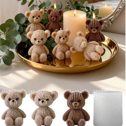 1个可爱小熊硅胶模具，适用于蜡烛和石膏 - 手工装饰铸造工具，一体成型硅胶模具，材质，易于拆卸和清洁，可反复批量生产，多种款式可供选择