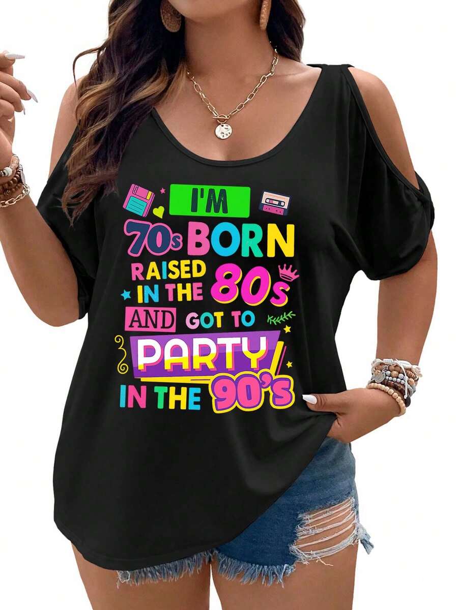 70s Born, 80s Raised, 90s Party A Decade Journey Women Cold Shoulder Tops Summer Short Sleeve Shirt Plus Size - 黑色 - 查看 1