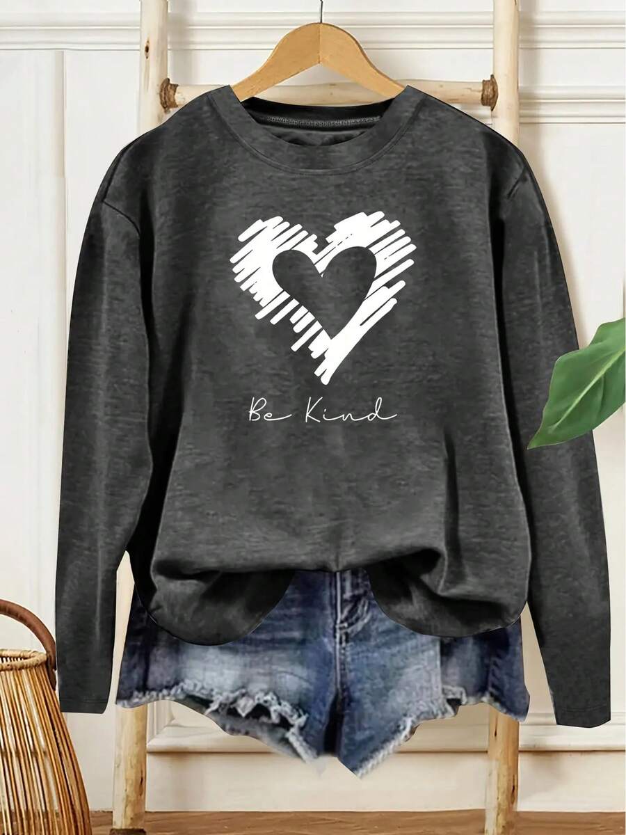 Women's Casual Long Sleeve Round Neck T-Shirt - "Be Kind Heart" Pattern Print, Bright Green, Medium Stretch Fabric, Machine Washable, All-Season Comfort, Non-Transparent Material Valentine Outfits For Women2025 - 深灰色 - 查看 1