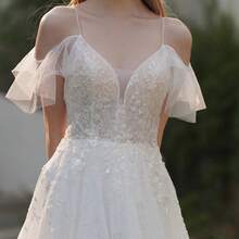 Romantic Mesh Fabric Deep V Neck Long Wedding Dress With Elegant Applique Details