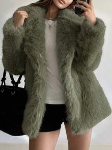 Long Sleeve Furry Green Faux Fur Coat For Women,Open Front Lapel Solid Color Fluffy Jacket,Loose Cropped Casual Fur Top,Elegant Chic Outwear,Fall Winter Clothes For Women Halloween Christmas For Going Out Outfits - Mint Green - View 5