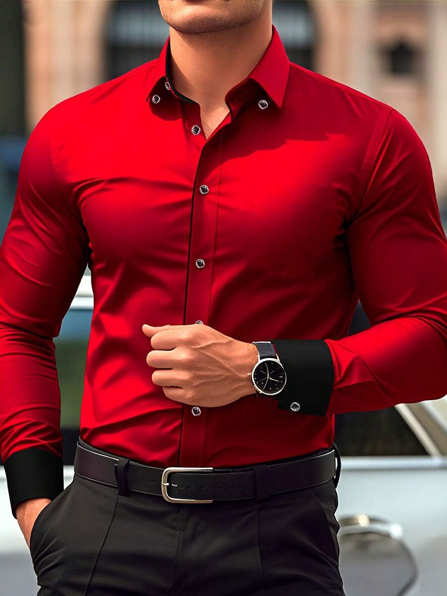 Men's Contrast Trim Long Sleeve Formal Shirt, Red Patchwork With Black - Red - View 1