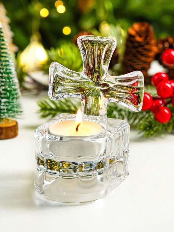 1 حامل شمعة على شكل صليب، ديكور تذكاري لعيد الميلاد وعيد الشكر، حرفة زجاجية إبداعية، ديكور لعرض المكتب والنافذة والطاولة، ديكور عيد، ديكور لعشاء الشموع، هدية للعائلة والأصدقاء