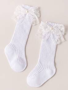 Calcetines de encaje con volantes, de malla transpirable, nuevos calcetines de transferencia con perlas, calcetines largos para el tobillo de niñas bebés y niños pequeños de 0 a 3 años - Blanco - Ver 4