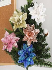 5/10pcs Poinsettias Artificial Christmas Flowers - Red/Gold/Red Gold/Silver/Pink Glitter Fake Flowers Christmas Tree Decorations Christmas Decorations For Home 2025 New Year Ornaments - Multicolor - View 9
