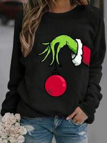 Women's Round Neck Christmas Print Long Sleeve T-Shirt, Christmas Funny Graphic Print Casual Crew Neck Long Sleeve T-Shirt