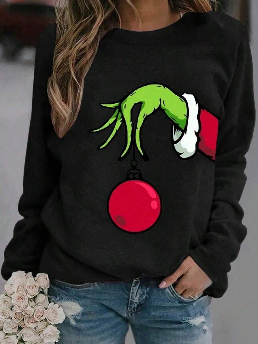 Women's Round Neck Christmas Print Long Sleeve T-Shirt, Christmas Funny Graphic Print Casual Crew Neck Long Sleeve T-Shirt