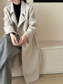 Women's Lapel Belted Double-Faced Wool Coat With Pockets, Suitable For Autumn/Winter - Oat - View 7