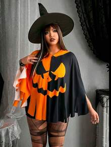 1pc Party Performance Pumpkin Cape, Black And Orange Lantern Design With Tassels, Suitable For Halloween Party Costume Role Play - Orange - View 2