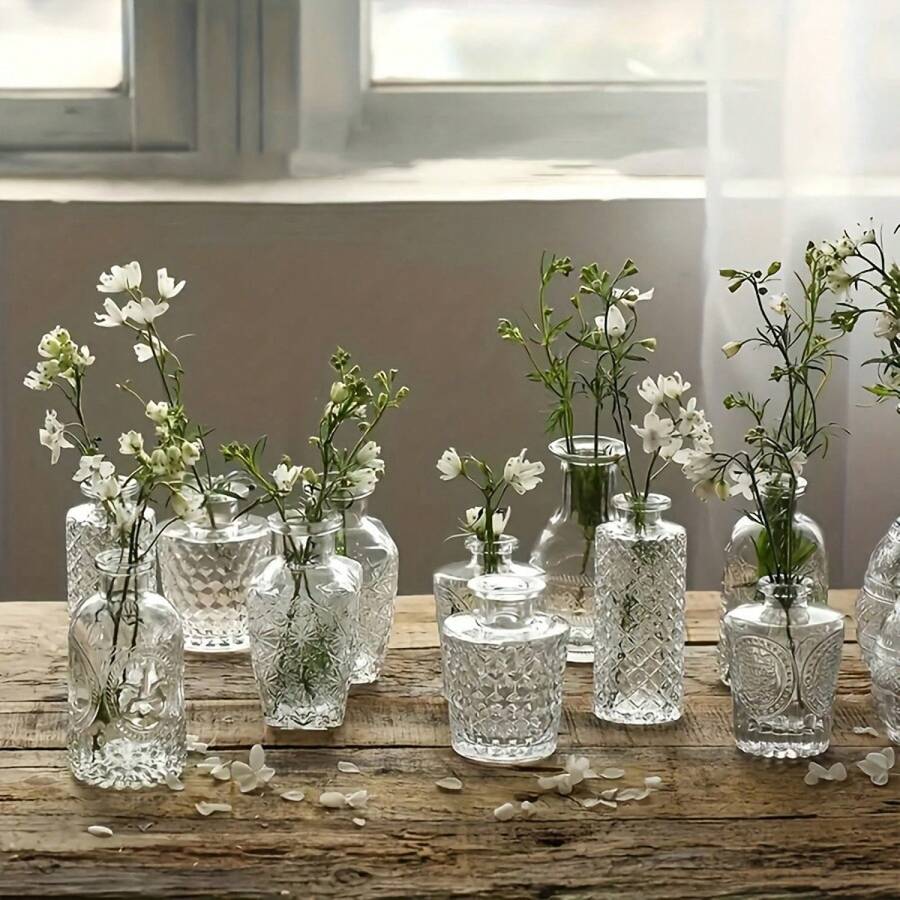 1/5/10件套透明极简浮雕玻璃花瓶 - 优雅的花卉展示容器，适用于婚礼中心装饰和家居装饰 - 桌面摆设、活动造型必备、现代家居装饰、餐桌布置、花瓶