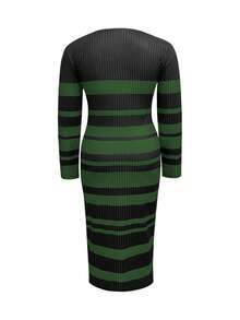 大码女式罗纹印花长袖罗纹针织连衣裙，修身款，春秋季 - 綠色 - 查看 3