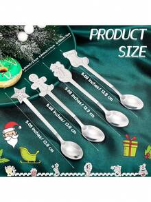 4 Stücke Weihnachts-Löffel-Set - Edelstahl kreative Weihnachts-Rührlöffel, Kaffee-Löffel, Tee-Löffel, Suppen-Löffel, Dessert-Löffel, Edelstahl Kaffee-Löffel, Eislöffel, zum Umrühren von Getränken, Milchshakes, Marmeladen, 4 Stile (Silber)