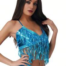 Carnival Sequin Tassel Costume Set, Belly Dance Outfit, Sequin Singer Backless Street Bar Outfit, Bohemian Style, Retro Style, Suitable For Festivals, Parties, Nightclubs, Beaches, Exotic Style Clothing Decoration - Multicolor - View 8