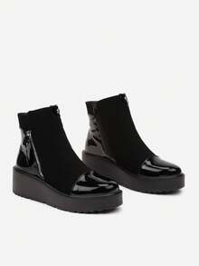 Botas de salto grosso femininas - Botas casuais de inverno - Preto - Ver 5