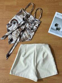 Women's Elegant Sleeveless Blouse With Floral Print And Special Effect, Matching Plain Shorts, Two-Piece Set - Lạc đà - Xem 3