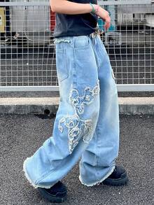 1 Quần jean ống rộng thêu viền tua rua phong cách American Streetwear, thoải mái và thời trang, đa năng (Sản phẩm không bao gồm thắt lưng và phụ kiện) - Màu xanh lam - Xem 5