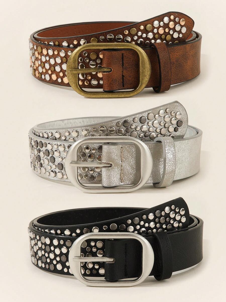 1 Stück Damen Punk Stil Bling Strass Nieten asymmetrische Schnalle Metall PU Gürtel, geeignet für Party, Reise, modischen Sommer, Schule Herbst, Herbst, Halloween