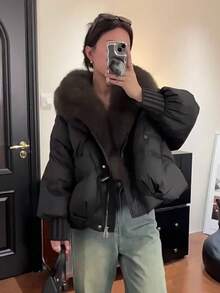 Women's Elegant Down Jacket Coat, Black Woven Fabric, Long Sleeve, Regular Hem, With Faux Fur Waterfall Collar And Pockets, Fur Collar Padded Coat, Winter - Black - View 5