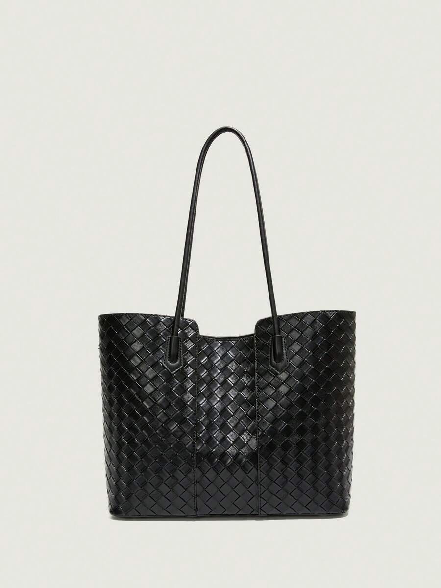 1 Solid-Color Woven Embossed Women's Shoulder Bag Premium-Feel Large Tote Bag, Lightweight Yet Spacious For Commuting. Multi-Compartment Design For Easy Organization. Suitable For Women, College Students, Office Professionals, And Career Women For Daily Commuting, Shopping, Outings, Gatherings, Work, And Leisure. - Black - View 1