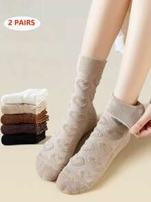 2 Paar Damen Herzmuster einfarbige Kabel-Stricksocken, geruchshemmend und feuchtigkeitsableitend, modisch und vielseitig, geeignet für Herbst und Winter, zufällige Farben